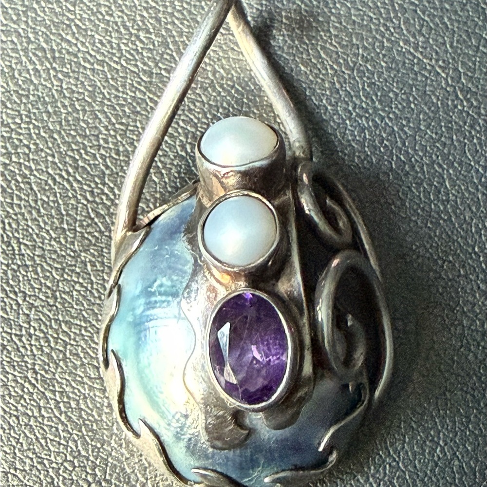 vtg Silver Abalone Moonstone Pendant